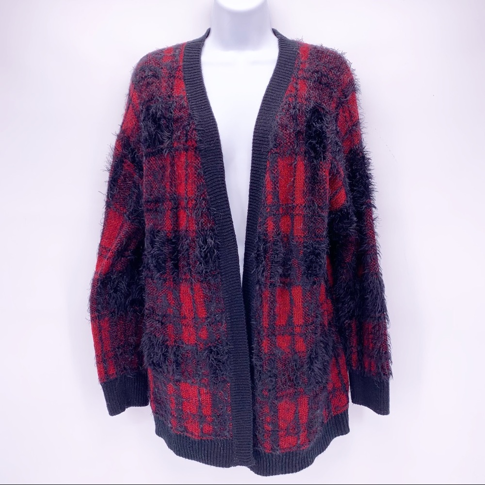 Tobi Red and Black Plaid Fuzzy Cardigan Sweater